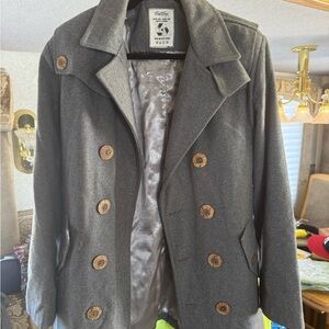 Cash Crop: Elegant Gray Pea Coat with Wooden Buttons